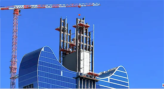 Close-up view of active construction at the top of the Guitar Hotel tower at Hard Rock Las Vegas
